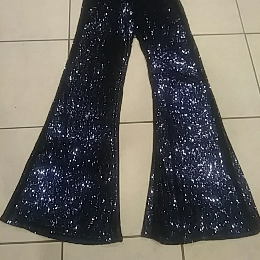 Free People Zip-Up Blue Sequin Bell Bottom Pants. - Picture 3 of 8